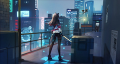 Anime Girl Scifi City Roof With Weapon