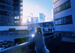 Balcony Traffic Lights Anime Girl Long Hair