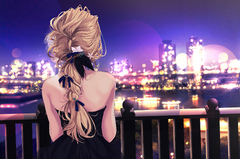 Blonde Girl Black Dress Looking At City