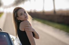 Blonde Girl Looking Back Car Outdoor