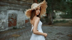 Brunette Girl In White Hat