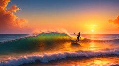 Surfer on a wave in the ocean at sunset with a bright sky - SeaArt AI