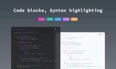 Code block, Syntax highlighting, Bloc de code, 代码块, 语法高亮 ...