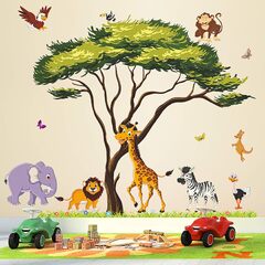 Rw-1074 Cartoon Jungle Animal Decals 3D Large Green Tree Stickers DIY Removable Giraffe Lion Elephant Grass for Kids Baby (Rw 1074 Cartoon Jungle Animal Decals 3d Large Green Tree)