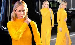 Emily Blunt flaunts her incredible figure in a yellow ribbed dress ...