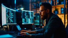 Programmer Working Late Night With Two Computer Screens