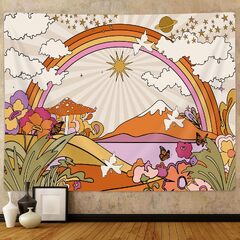 YISUMEI Vintage Groovy Tapestry, Retro Flowers Clouds Sun and Rainbow Tapestry Wall, Orange Boho Hippie Psychedelic Tapestry for Bedroom Livi (Retro 70s Tapestry, Flowers Clouds Sun and Rainbow Tapestry Wall)