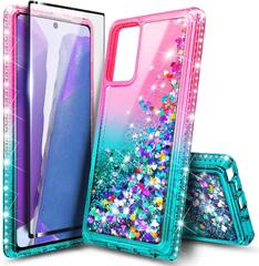 NZND Case for Samsung Galaxy A02s with Tempered Glass Screen Protector (Full Coverage), Ring Holder/wrist Strap, Sparkle Glitter Flowing Liquid (Nznd Glitter a02s)