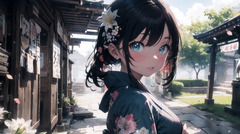 Anime girl with a flower in her hair standing in front of a ...