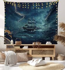 Ambesonne Landscape Tapestry, Stormy and Rainy Weather Waves Vintage Ship Sailing Oil Paint (Ambesonne Ocean Tapestry Ghost Pirate Ship on Dark Sewith Starry Night Skynd Water Reflection)