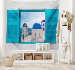 Ambesonne Landscape Tapestry Window View of Classical Building Domes Oia Santorini Greece Travel (Ambesonne European Tapestry Old Window with View of Traditional Greek Village Heritage Culture)