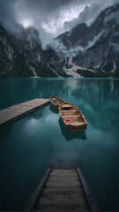 Calm lake, blue lake, boat, boats, cloudy, dock, lake, mountain ...