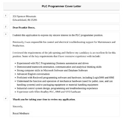 PLC Programmer Cover Letter | Velvet Jobs