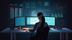 Female Programmer In Front Of Computer Screens Background ...