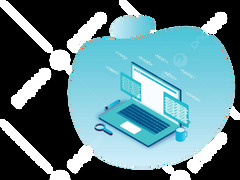 Isometric illustration of laptop with different programming languages or workplace of a developer