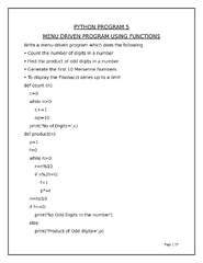 Python Program 5 - PYTHON PROGRAM 5 MENU DRIVEN PROGRAM USING FUNCTIONS