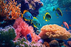 Tropical underwater fish in coral reefs. Underwater panorama ...