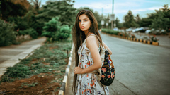 Girl Backpack Outdoors Looking Back