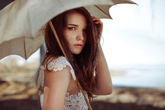 Girl White Dress Umbrella