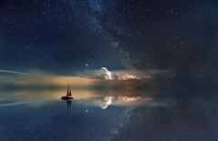 Lake Mirror Reflection Stars Boat Milky Way