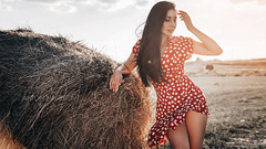 Polka Dot Dress Girl Field Long Hair