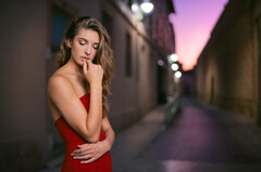 Red Dress Blonde Girl Outdoor Evening